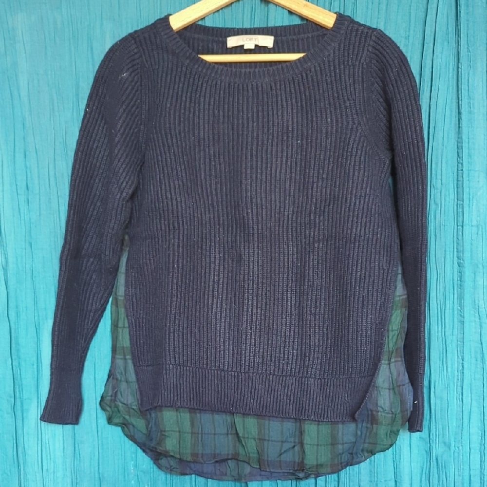 LOFT Navy Blue Crew Neck Sweater With Plaid Cutouts, Size S